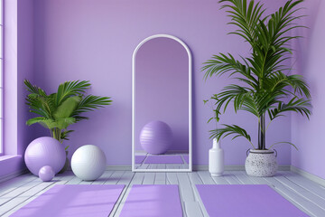 A room with a purple wall and a white mirror. There are two yoga balls and a potted plant in the room