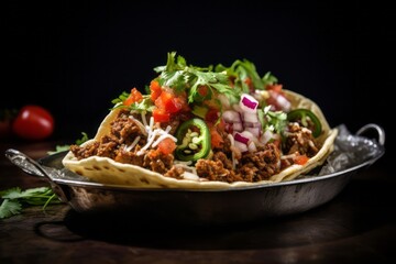 Tasty tacos in a clay dish against an aluminum foil background