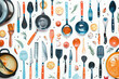 Kitchen utensils and vegetables pattern on white background