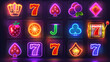 Set of Casino slot game with neon color isolation, Illustration