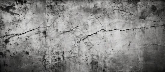 Poster - A monochrome photography featuring a cracked concrete wall, surrounded by grass, twigs, and plants. The grey tones create an artistic contrast against the natural landscape