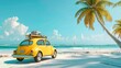 the yellow car with surfing stuff on the roof ready for travel at the beach, Generative AI 