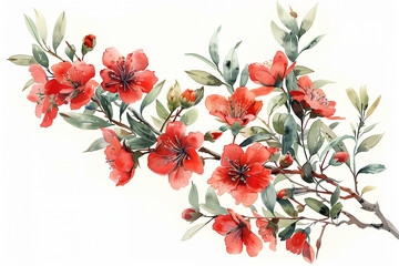 Wall Mural - Watercolor illustration of blossom tree branch with flowers and leaves isolated on white background