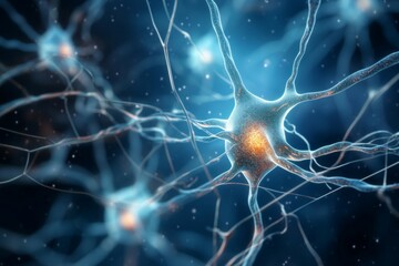 Poster - Biological Single neuron synapses scheme board. Network system cell science mind. Generate Ai