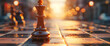 Chess King in Focus with Golden Sunset Bokeh on Chessboard
