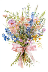 Sticker - Watercolor bouquet of wildflowers and grass with pink ribbon