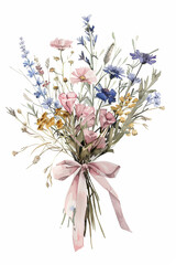 Sticker - Watercolor bouquet of wildflowers and grass with pink ribbon