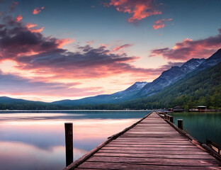 Wall Mural - a vibrant sunset paints the sky over a serene lake. generative ai