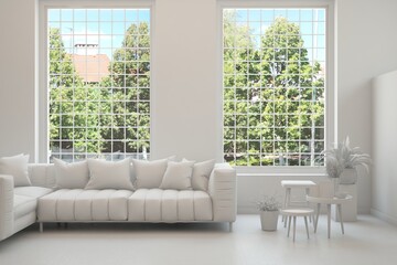 Grey living room concept with sofa and summer landscape in window. Scandinavian interior design. 3D illustration