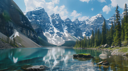 Wall Mural - Majestuosas montañas nevadas a los pies de un lago de aguas cristalinas