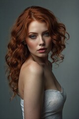 Wall Mural - Beautiful Woman with Red Hair: Perfect Makeup and Seductive Facial Features