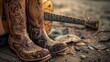 Country music vibe with vintage cowboy boots and a classic guitar