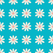 Retro daisy flowers on aqua blue background. White small flower heads in a brick repeat.