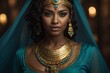 An Egyptian woman in a blue dress and gold jewelry.