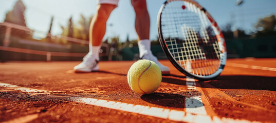 Wall Mural - tennis player with racket on court. Athlete in action on tennis court