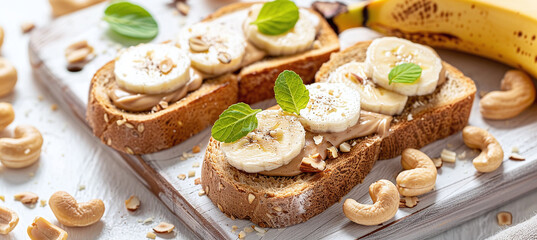 Wall Mural - Toast with nut butter, banana slices and cashews