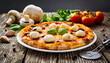 Lebensmittel, eine fertige Pizza mit Champignon und Mozzarella Käse, KI generiert