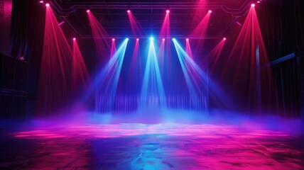 Wall Mural - Immersive stage with blue and pink neon lights - This image showcases an empty stage with striking neon lighting, evoking feelings of anticipation and excitement for a performance