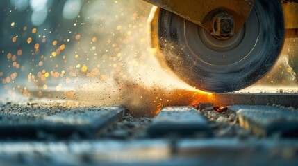 close-up shot of a circular diamond saw blade cutting through a concrete paving slab