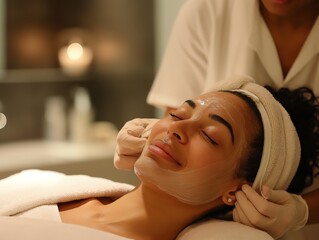 A woman receiving a facial treatment from an esthetician in a spa setting