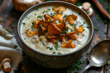 Wall Mural - Soup bowl of cream of chanterelle soup, spoon and chanterelles on dark wood