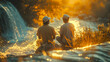 Two men sitting on the bank of a mountain river at sunset.