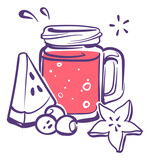 Fototapeta Pokój dzieciecy - Watermelon smoothie jar. Hand drawn fruit drink