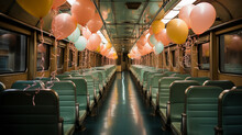 Colourful Balloons Flying Inside Railway Train,Interior Of Old A Subway Car With Seats. Generative AI