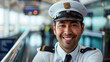 Commercial Latin pilot with a warm smile in airport terminal