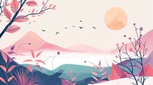 Abstract Image Of Minimalistic Background, Beach Landscape, Composition Of Simple Flowers And Tree Branches, Leaves, Petals, Flat Design, River, Ocean, Mountains, Birds. Generative By AI