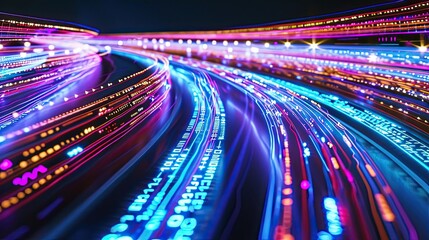 Abstract image of neon flow of data and information, cyberspace, cables, lines, bright color palette, night, lights. Concept of internet, data transfer. Lines of code. Generative by AI