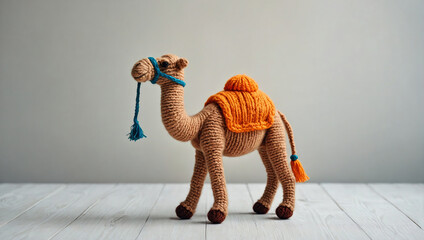 Wall Mural - Funny crocheted camel on a wooden table, mockup, postcard.