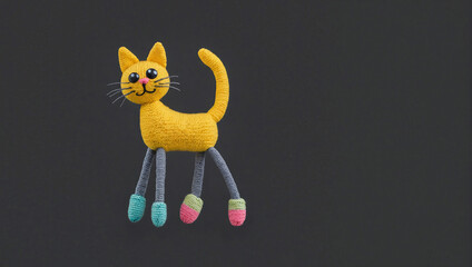 Wall Mural - Crocheted toy, cute yellow cat, kitten, on a dark background, mockup.