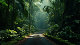 Fototapeta Las - A road in a dense, tropical jungle, with lush vegetation, exotic plants, and the sounds of wildlife all around.