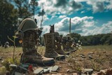 Fototapeta  - Row of Military Boots on Top of Field, A row of military boots, helmets and rifles in a field to signify fallen soldiers on Memorial Day, AI Generated
