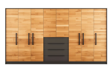 Wooden wardrobe isolated on a white or transparent background. Closed modern wardrobe, close-up, front view. Graphic design element on the theme of furniture.