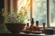 A window sill adorned with an assortment of bottles and flowers, creating a vibrant and colorful display, A serene, peaceful naturopathic clinic, AI Generated