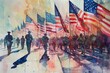 A painting depicting a diverse group of individuals proudly holding American flags, A serene watercolor painting of a Memorial Day parade with American flags and marching veterans, AI Generated