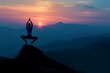 A person practicing yoga on the peak of a mountain, balancing and stretching their body in various poses, A silhouette of a yogi in tree pose on a mountain peak at dawn, AI Generated
