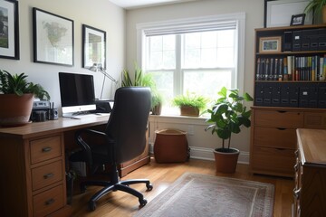 Poster - A home office featuring a desk, chair, and bookshelf, providing a functional workspace for productivity, A spare room transformed into a comfortable home office, AI Generated