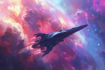 Poster - A space ship soars through a vibrant sky, showcasing its unique design and futuristic technology, A spaceship cruising through a colorful nebula in deepest space, AI Generated