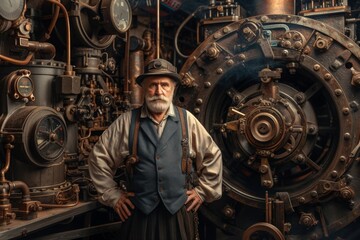 Poster - A man stands confidently in front of a towering machine, showcasing its impressive size and power, A steampunk inspired mechanic with a complex machinery as a backdrop, AI Generated