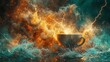 A coffee cup becomes the epicenter of a storm with lightning above and turbulent water below, combining elements of nature's fury
