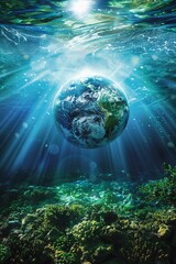 A conceptual image of Earth, radiating health and vitality, with sparkling clean waters