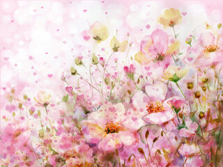 Wall Mural - Floral pink background. Watercolor flowers. Illustration.