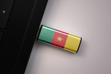 Wall Mural - usb flash drive in notebook computer with the national flag of cameroon on gray background.