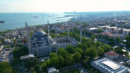 Wall Mural - Blue Mosque and Hagia Sophia aerial view at Sultan Ahmet at Park in Sultanahmet district in historic city of Istanbul, Turkey. Historic Areas of Istanbul is a UNESCO World Heritage Site. 