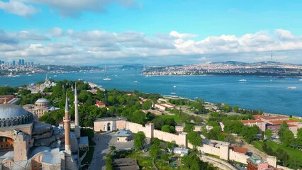 Wall Mural - Historic Istanbul aerial view including Topkapi Palace, Bosphorus Strait, Uskudar in Asia and Sea of Marmara, Istanbul, Turkey. Historic Areas of Istanbul is a UNESCO World Heritage Site. 