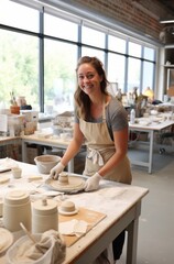 Happy Potter Shaping Clay on Wheel in Sunlit Art Studio