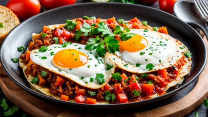 Huevos rancheros is a Mexican dish of fried eggs on a tortilla with a fresh sauce of tomatoes and hot peppers.	